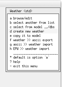 Figure 3.3: Weather options, available weather sets and Clm module opening menu.