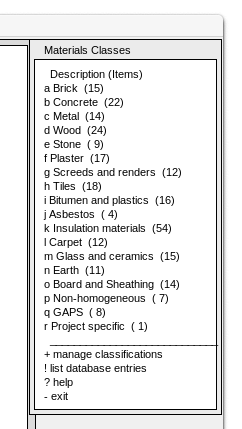 Figure 2.5 List of materials classes and concretes.