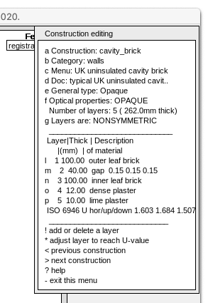 Figure 2.6 Constructions categories, wall category, & entry for cavity brick.