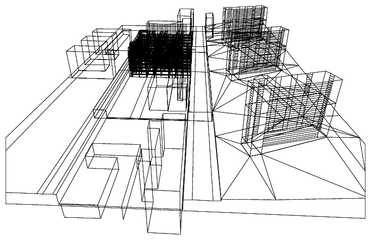 Figure 2.19: Layout and rendering of an urban setting.