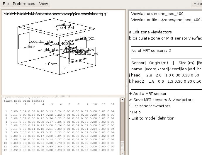 Figure E4.2: Prj interface to view‐factors.